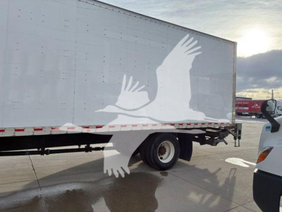 Box truck with white trailer and logo of birds on side.