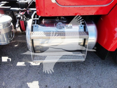 Peterbilt 337 undercarriage side view showing polished aluminum fuel tank with diamond tread steps and red body panel.