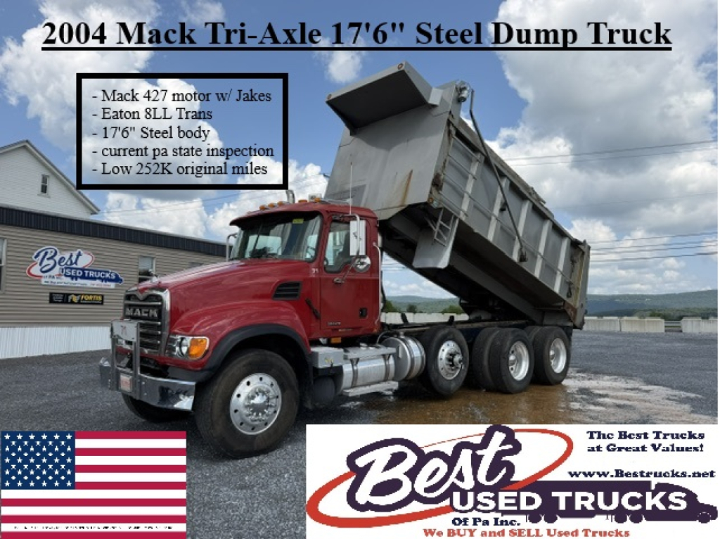 Dump truck image showing 2004 Mack Tri-Axle 17'6" Steel Dump Truck with raised bed, red cab, Mack 427 motor, Eaton 8L Trans, dual rear axles, stock number 12926.