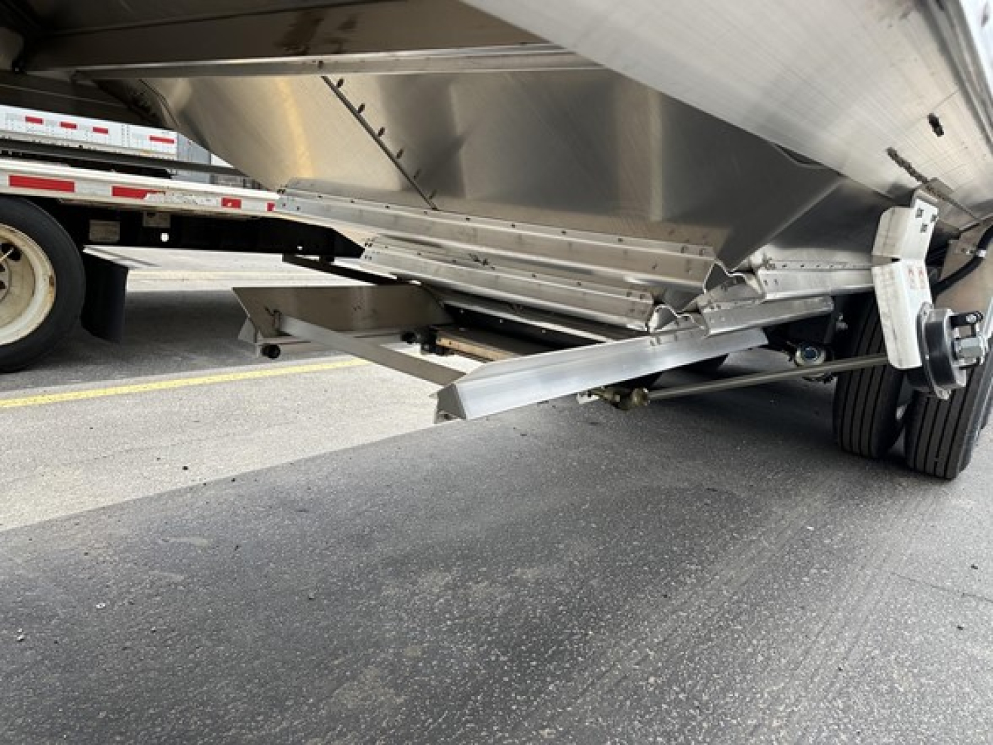 Timpte Super Hopper trailer undercarriage showing suspension and frame components