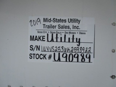 Label inside a trailer showing 2019 Mid-States Utility Trailer Sales, Inc. Make Utility, S/N UYVS2536K2593922, STOCK # U90989 with handwritten 2019 and stock number.