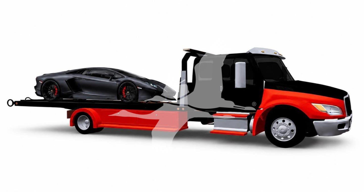 Tow truck with a car on a flatbed, side view showing a black sports car on the bed.