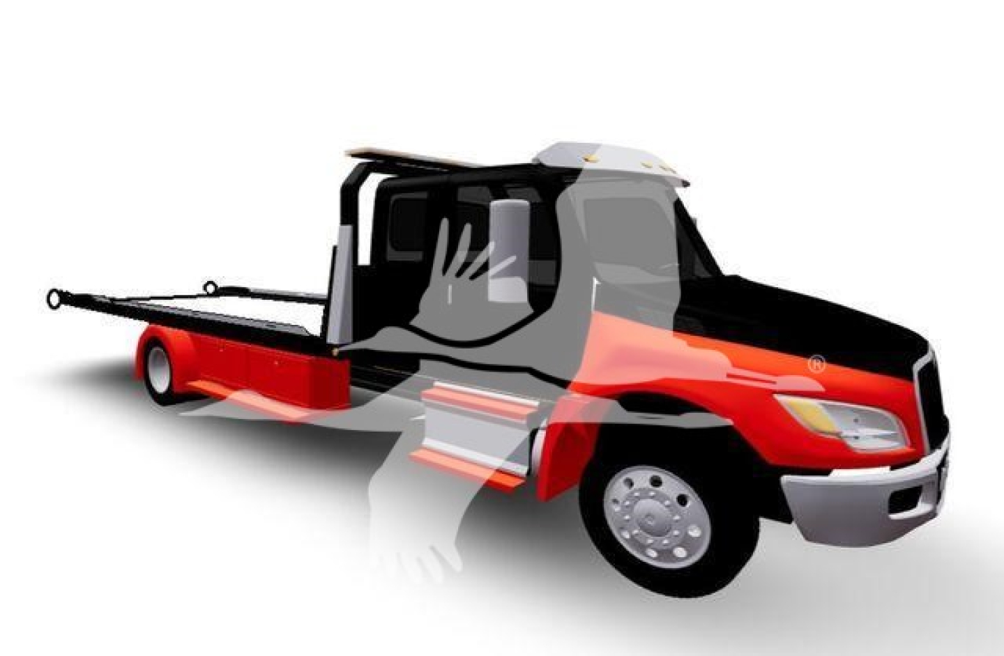 Truck in-service showing International MV rollback tow truck body with flatbed and loading ramp.