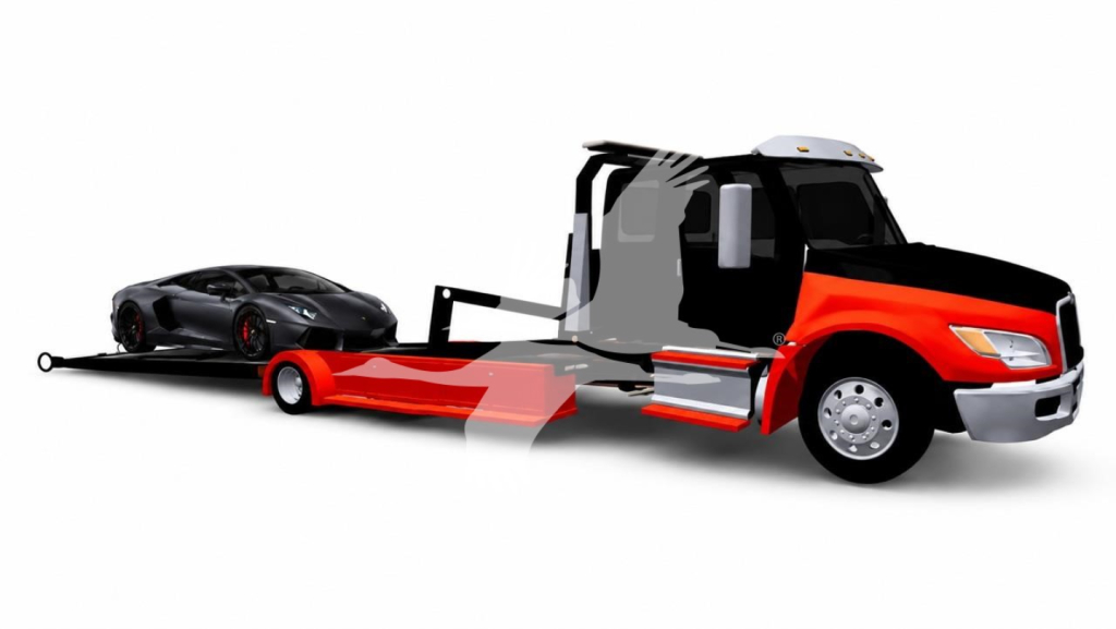 Truck rollback tow rig with a black sports car on a flatbed trailer attached to a red and black International MV heavy truck.