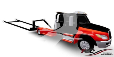 Truck with a rollback wrecker body showing International MV badge and TLC Truck & Equipment logo.