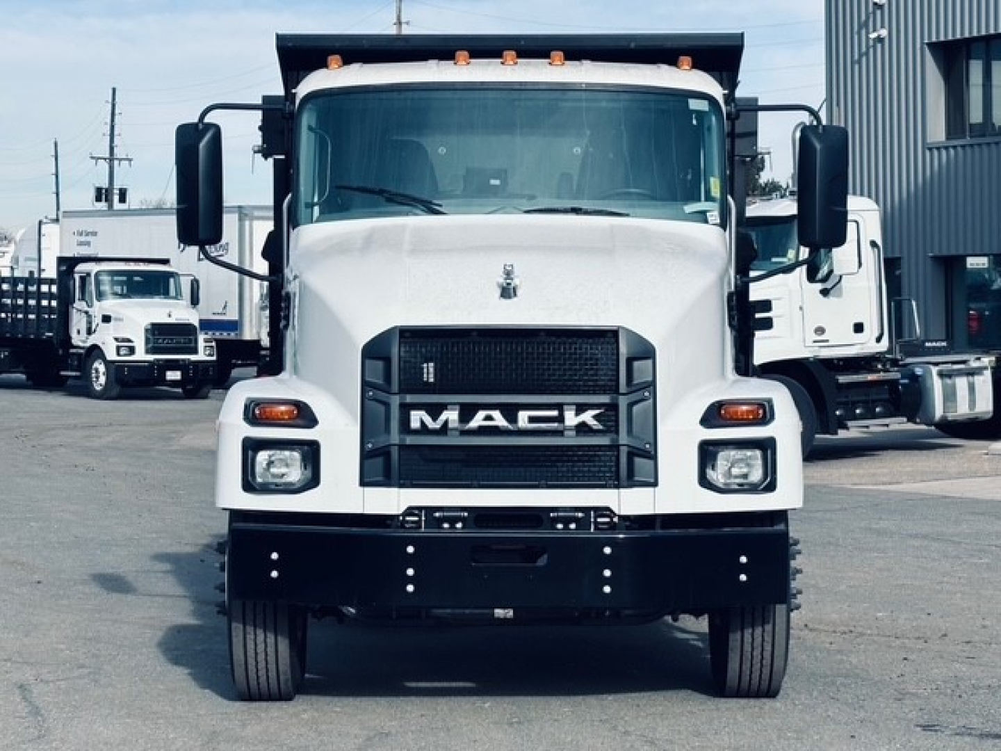 Mack MD6 dump truck front view showing grille, headlights, and bumper with 'MACK' logo; white cab and black front fascia.