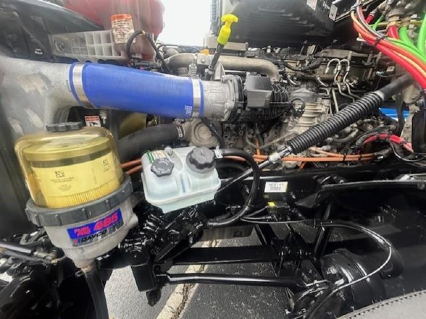 Freightliner Cascadia 126 engine bay showing blue silicone hose, coolant reservoir, oil filter, and various hoses.