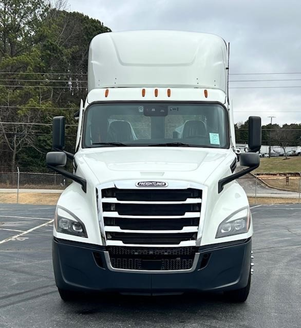 Front view of a 2022 Freightliner Cascadia 126 day cab truck showing grille, headlights, and large side mirrors.
