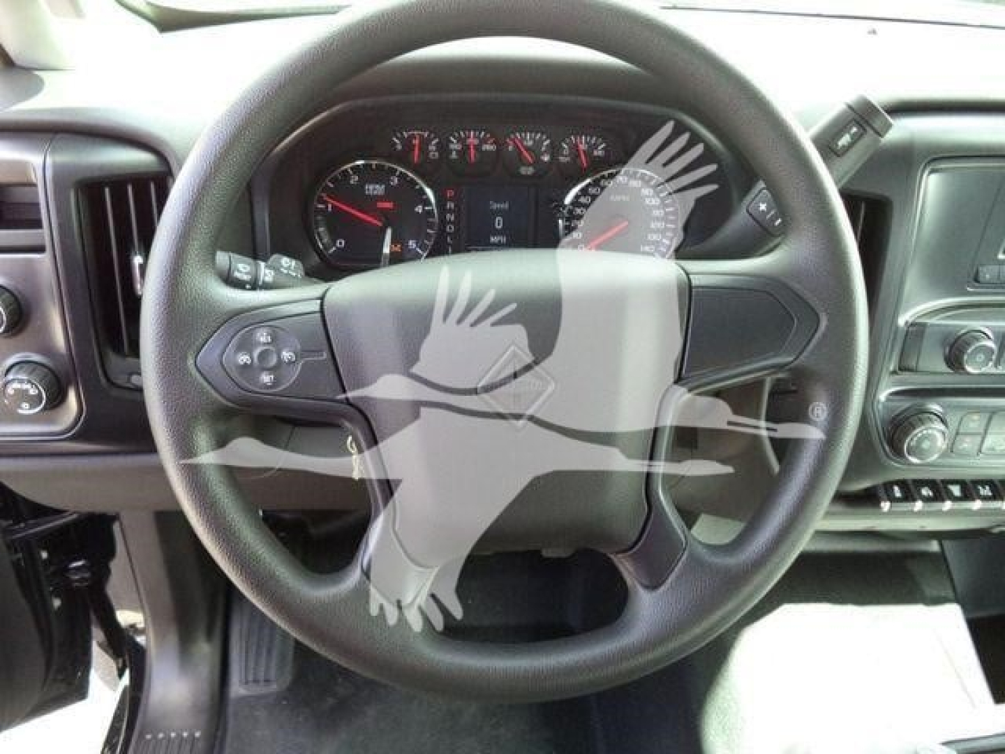 Truck interior: steering wheel with dashboard gauges visible behind. Overlay watermark of a flying bird rests on the wheel. The instrument cluster shows various gauges, including speedometer and tachometer.
