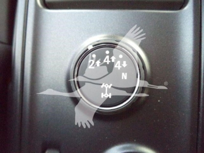 Dashboard compass-style gauge with dial markings 2-4-4N, surrounded by waterbirds watermark on black panel.