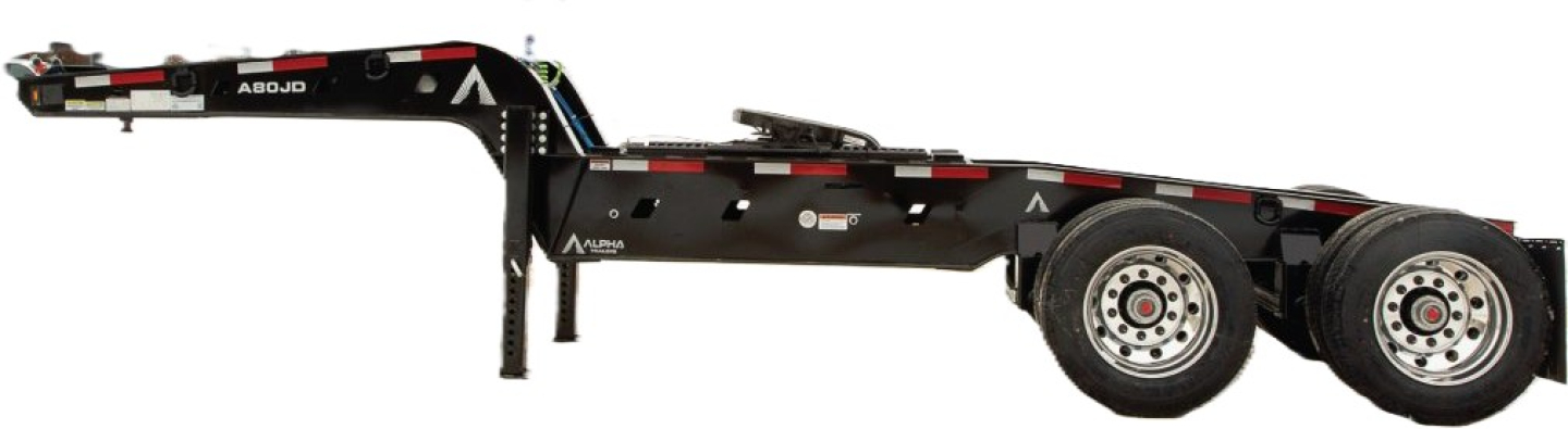 A80JD Jeep Dolly trailer showing dual axle with black frame, white wheels, and folding gooseneck; visible decals include A80JD and Abojd branding.