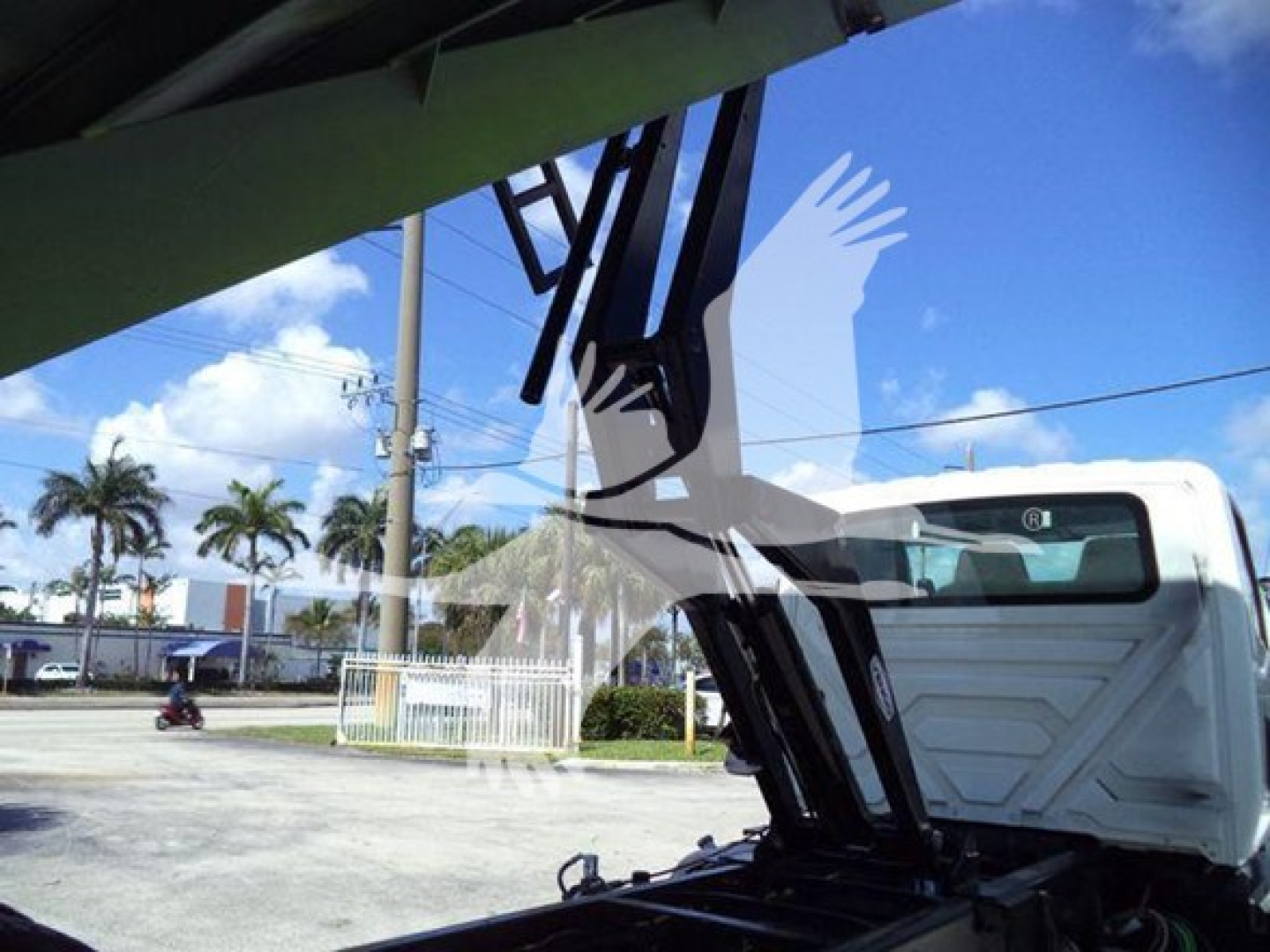 Truck cab and front of International MV dump truck with raised hood seen through window reflection.
