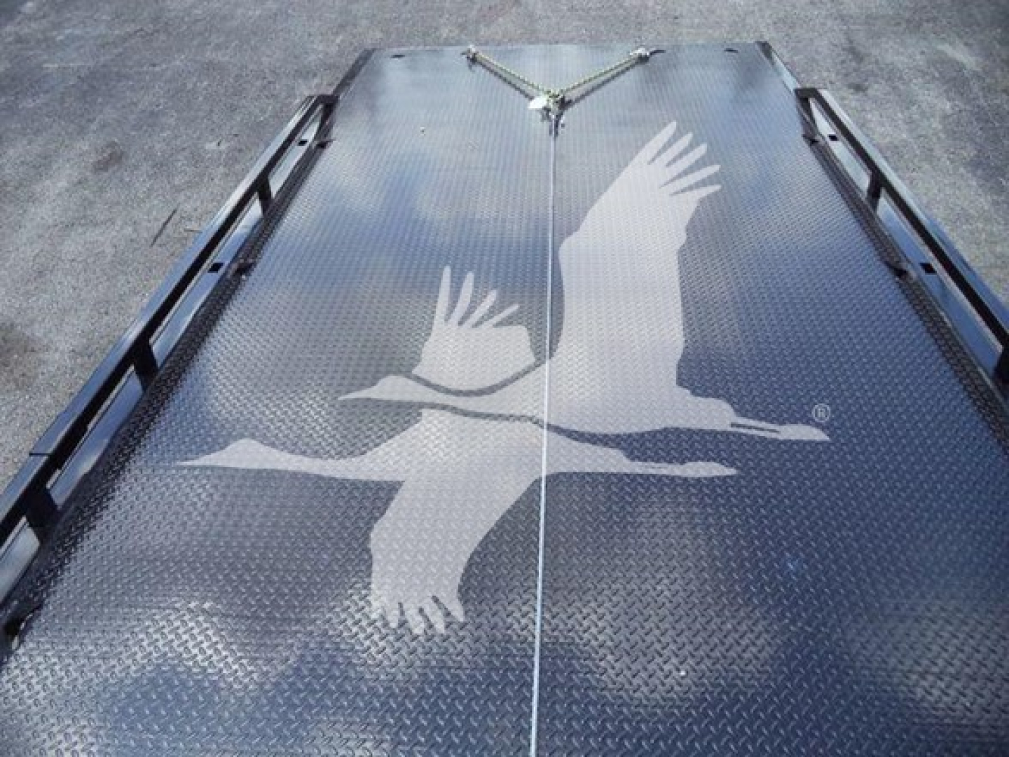 Truck bed or platform with diamond plate surface and eagle graphics in white, viewed from above.