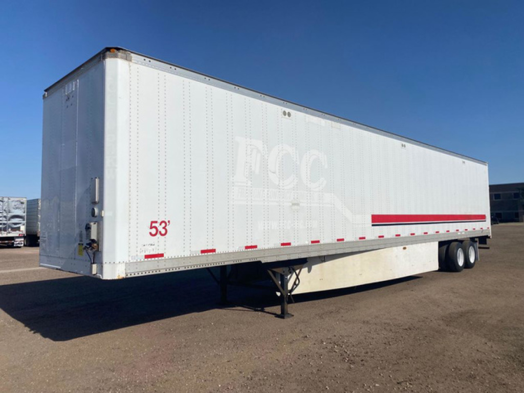 Stoughton van trailer showing 53' length marking, DOT-spot aluminum exterior, tandem axle, landing gear, red reflective stripes