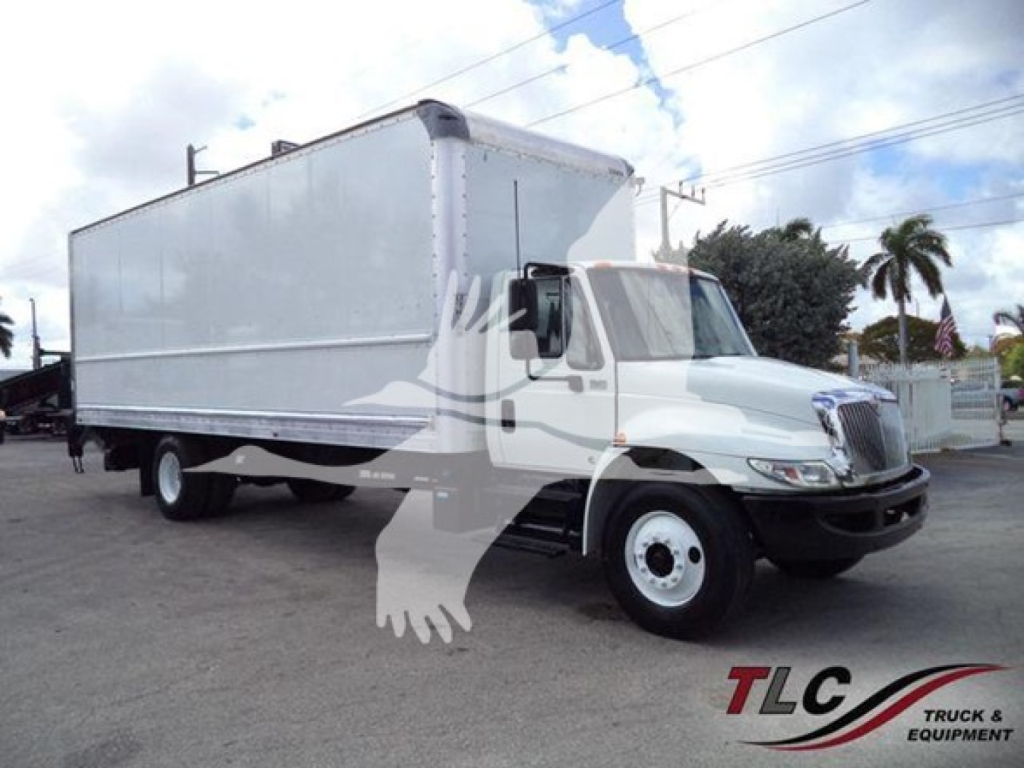 Box truck with a white cab and large box cargo area, side view showing International Durastar 4300, VIN 1HTMMMML5KH586297, used