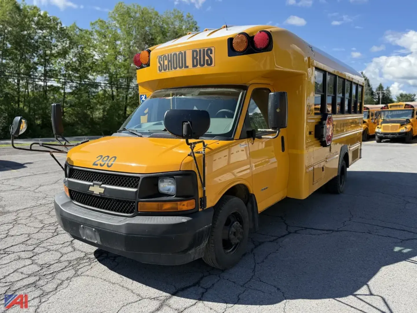 Yellow Chevrolet Express school bus showing 'SCHOOL BUS' text on front above windshield and bus number 290 on hood; mirrors, black bumper, orange clearance lights; other school buses in background.