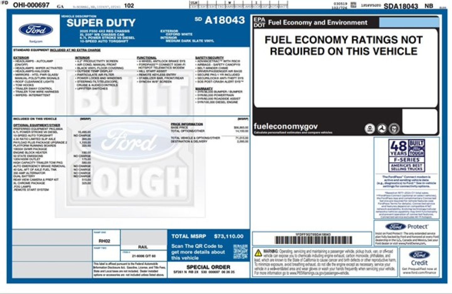 Vehicle window sticker for a 2025 Ford F550 Sd Xl showing fuel economy not required, multiple spec blocks and a blue Ford Proud label.