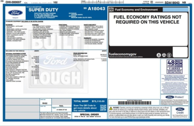 Vehicle window sticker for a 2025 Ford F550 Sd Xl showing fuel economy not required, multiple spec blocks and a blue Ford Proud label.