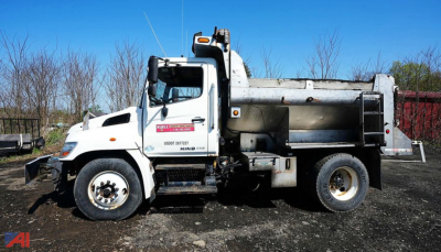 Hino 338 4x2 dump truck side view with dump bed and chassis