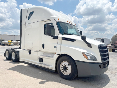 White 2022 Freightliner Cascadia 126 sleeper cab truck, side view, with VIN plate and stock number 550542 visible in listing context.