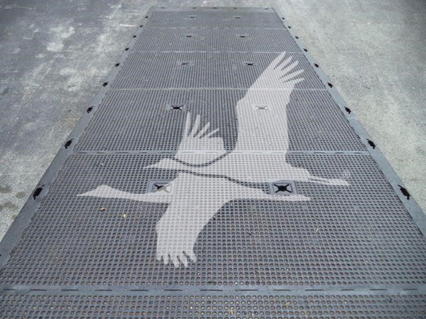 Tractable image of a metal rollback truck bed with a large white bird silhouette graphic on a perforated surface.