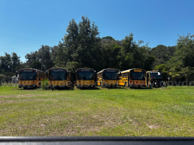 Fleet of five yellow school buses parked on grass, front views visible.