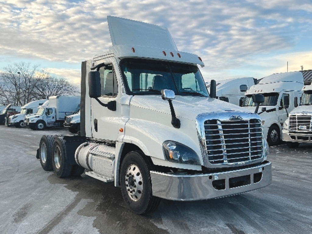 Truck front view of a white 2019 Freightliner Cascadia125 daycab with cab raised hood showing grille and headlights; multiple similar trucks in background.