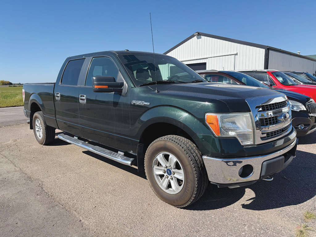 Ford F-150 Crew Cab 4x4 pickup truck in a dealership lot, dark green color with chrome bumper, four doors, running boards, alloy wheels.