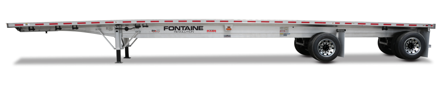 Fontaine 48' aluminum flatbed trailer with wide spread air suspension, side view showing dual rear axles and landing gear.