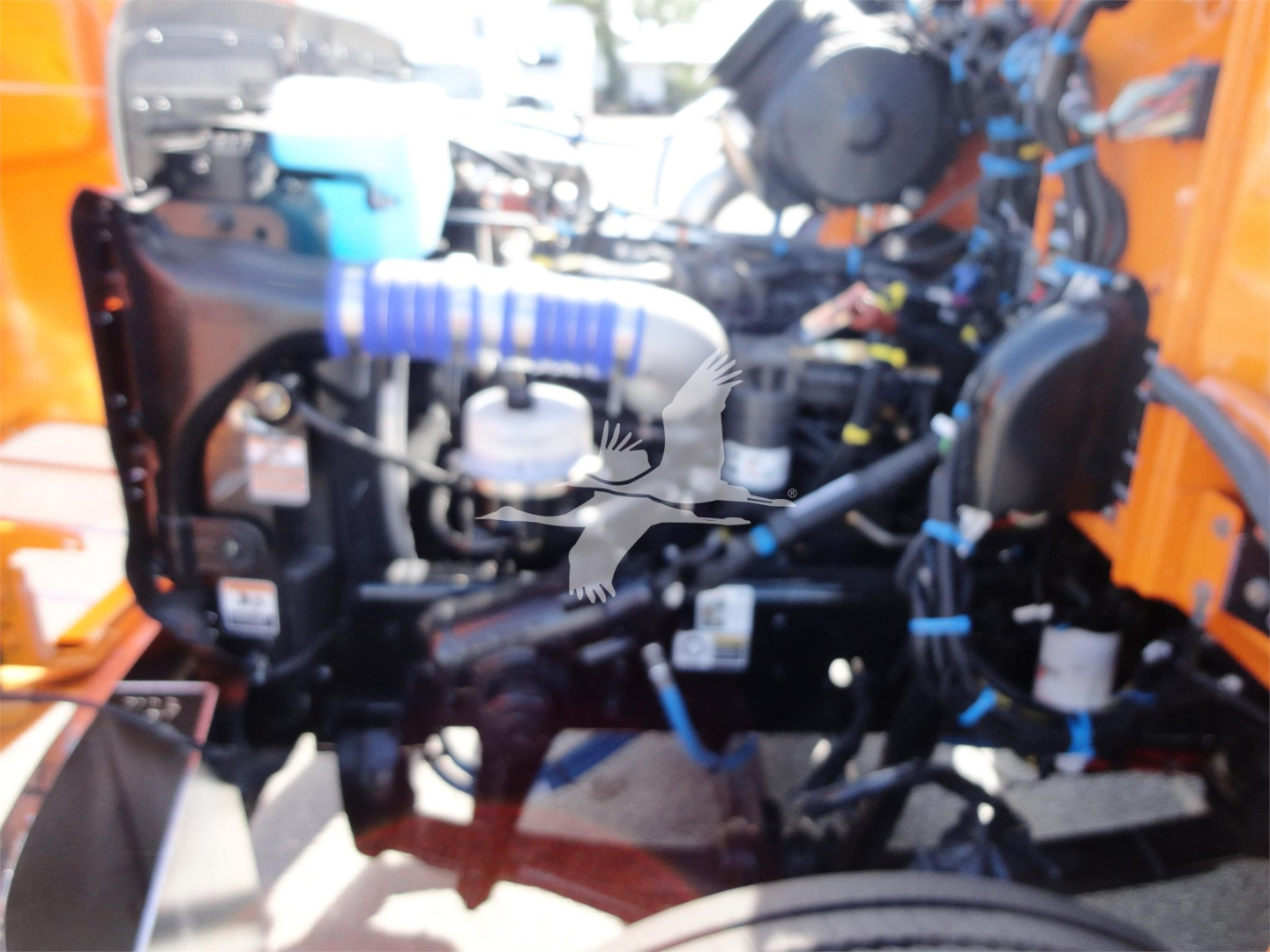 Peterbilt 337 engine bay visible with various hoses and components; no legible specific labels or fluid types discernible.