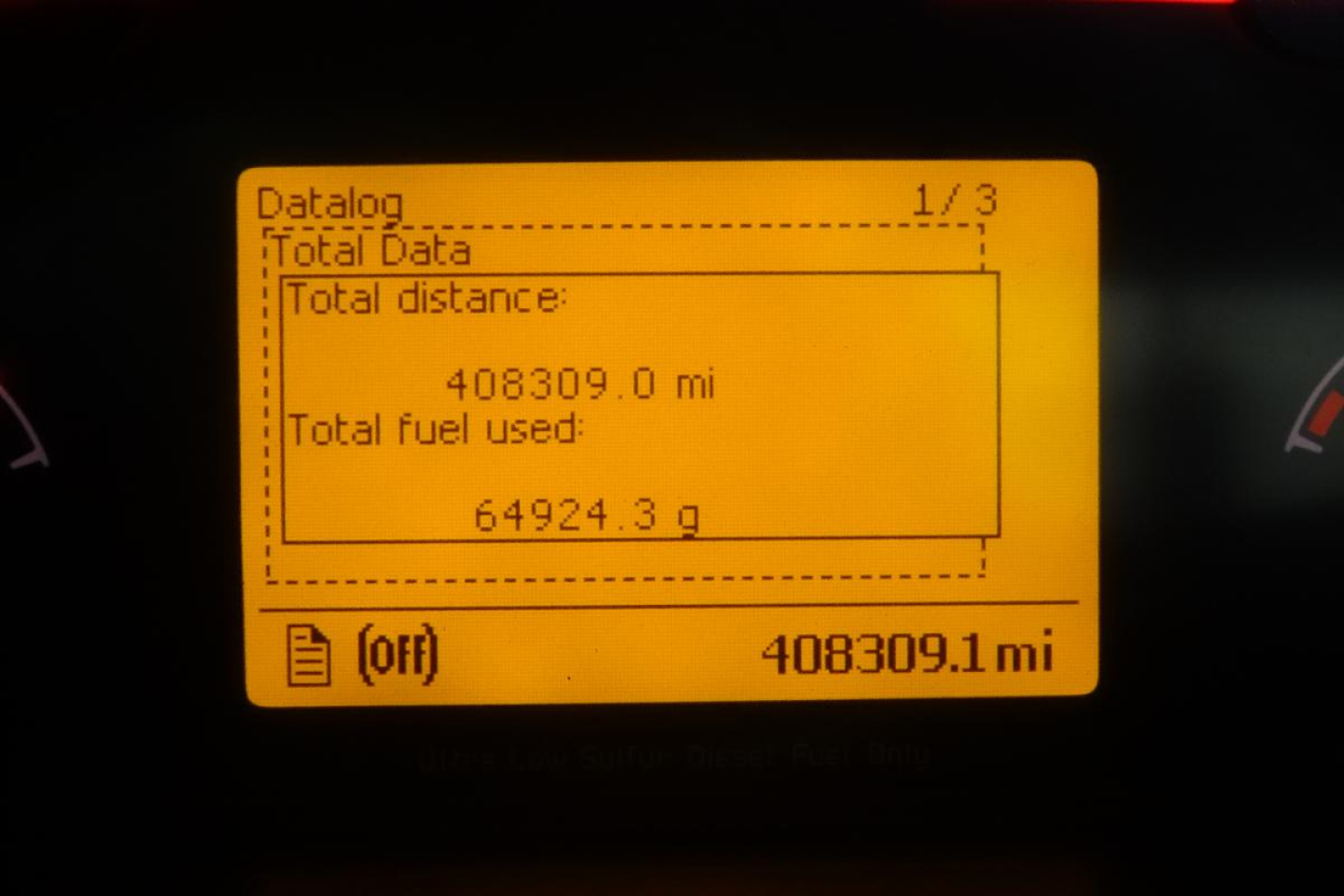 Vehicle data display showing total distance 408309.0 mi and 408309.1 mi in trip meter; other data sections blank or generic.