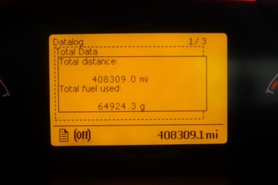 Vehicle data display showing total distance 408309.0 mi and 408309.1 mi in trip meter; other data sections blank or generic.