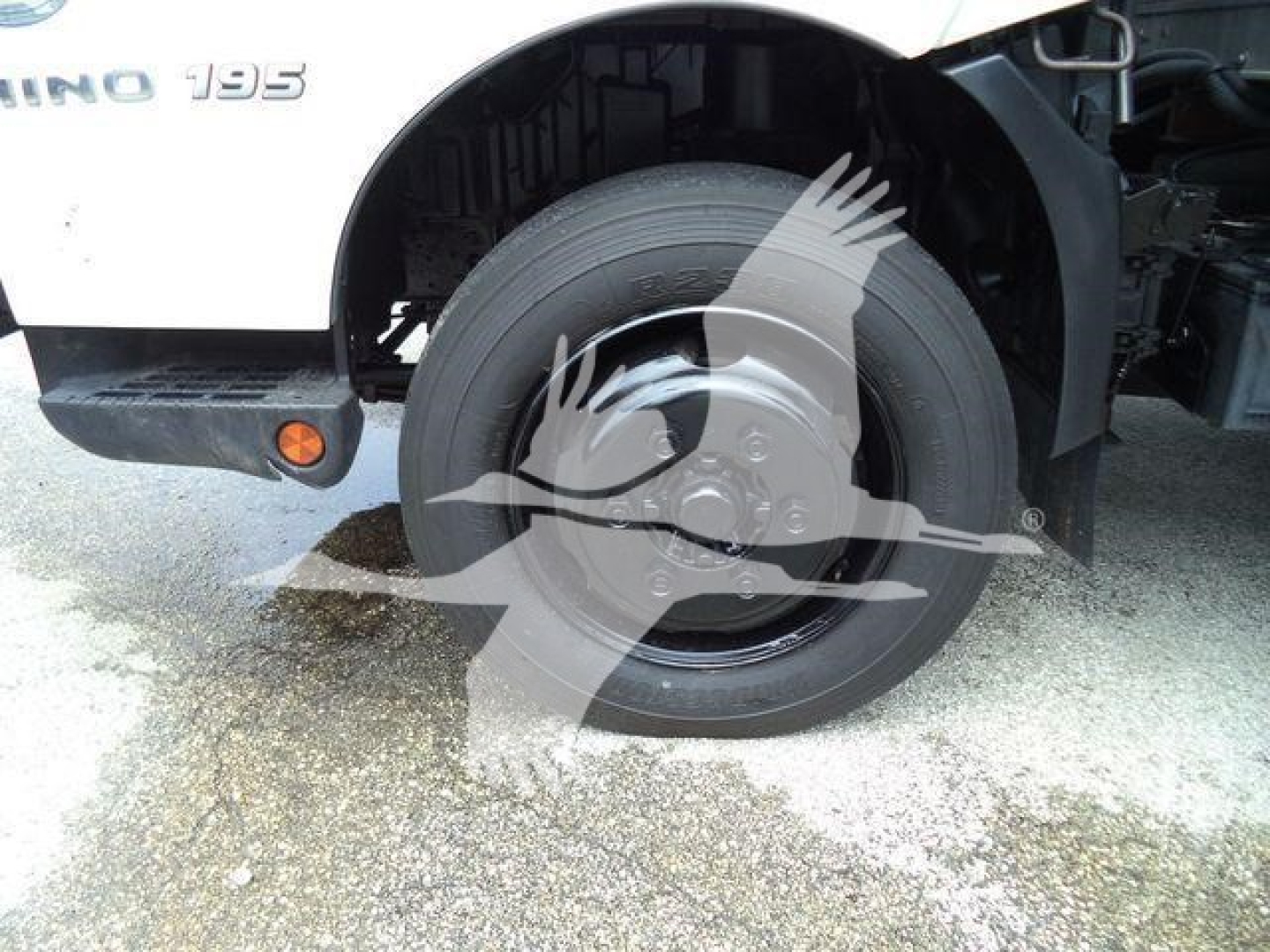 Hino 195 truck front wheel well and tire with partial cab; visible Hino 195 badge on white body; black wheel and fender area; water on ground.