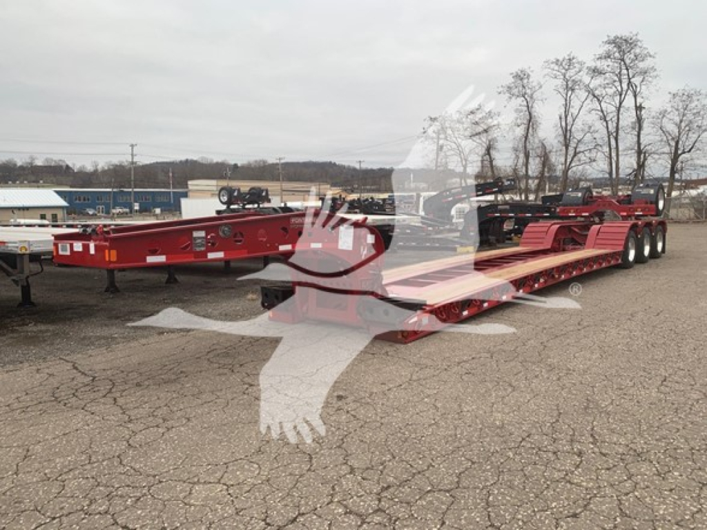  Fontaine 55Lcc lowboy trailer showing red deck and triple-axle configuration with long flatbed and gooseneck area.
