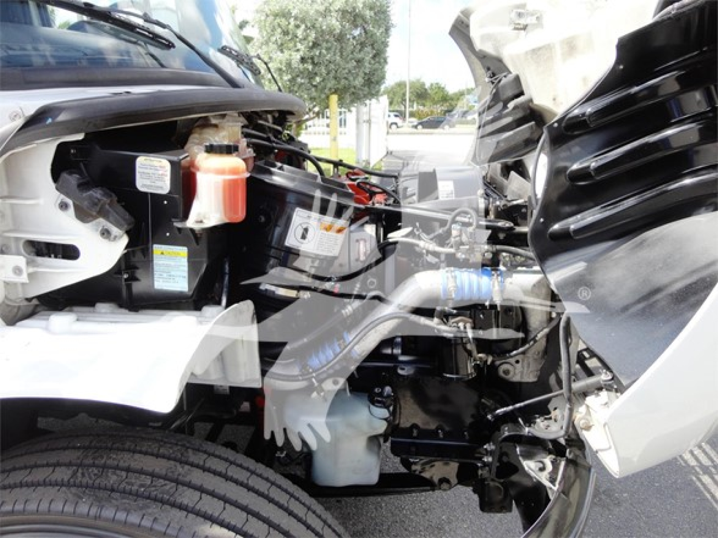 Freightliner M2 106 engine bay showing coolant reservoir, hydraulic lines, and exposed engine components.