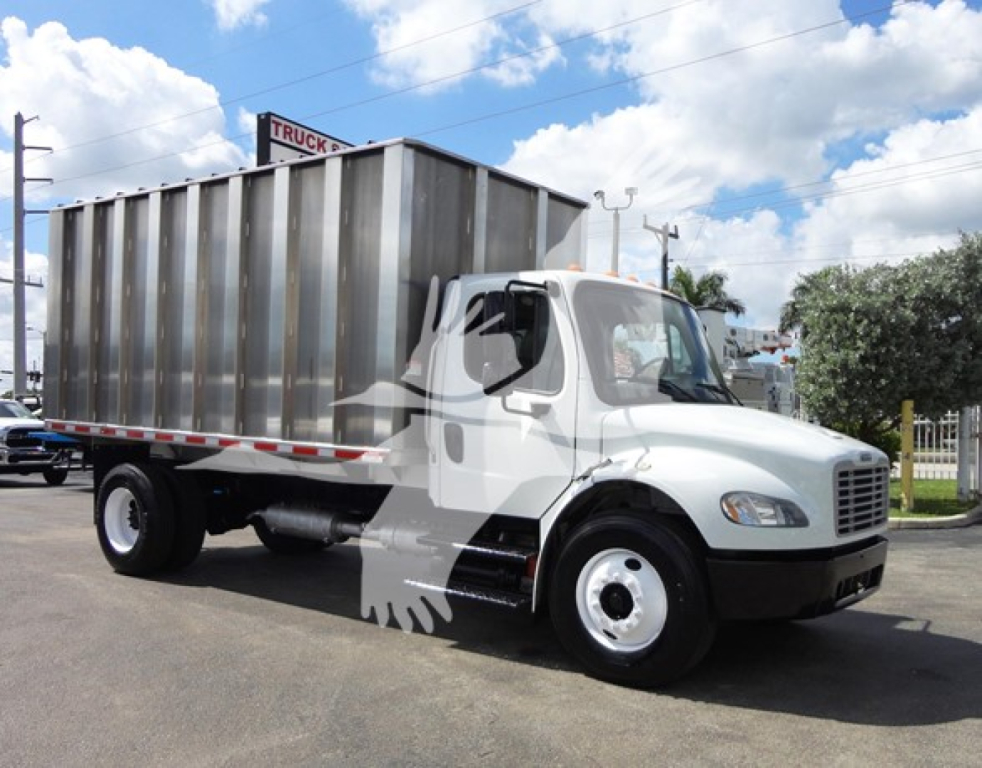 Truck side view showing a white Freightliner M2 106 with a large aluminum stake bed, VIN 3ALACWDT9EDFS8032 on the cab, stock 183002R, chipper category.