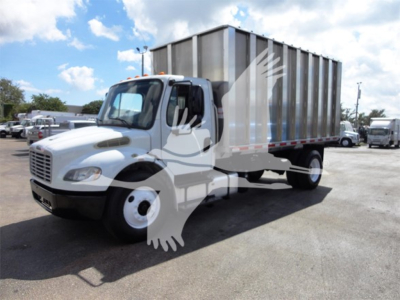 2014 Freightliner M2 106 chipper truck front-left side view showing cargo bed and cab with white body and gray trailer.