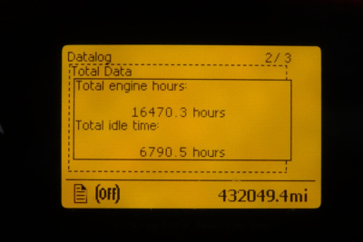 Vehicle data display showing total engine hours 16470.3 and total idle time 6790.5 hours, odometer 432049.4 miles, on-board datalog screen.