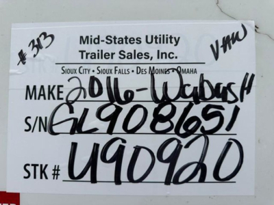 Trailer label showing Mid-State Utility Trailer Sales, Inc. Make: 2016 Webs? with large handwritten S/N GL908651 STK# U90920. VHW?