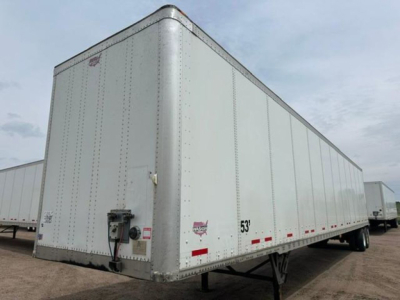 Trailer side and front showing 53' aluminum box trailer with hitch, wheels, and rear doors; VIN tag and stock number pictured.