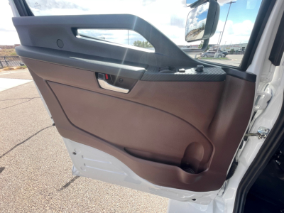 Truck door panel with brown interior, window controls, and door handle; partial exterior white body visible