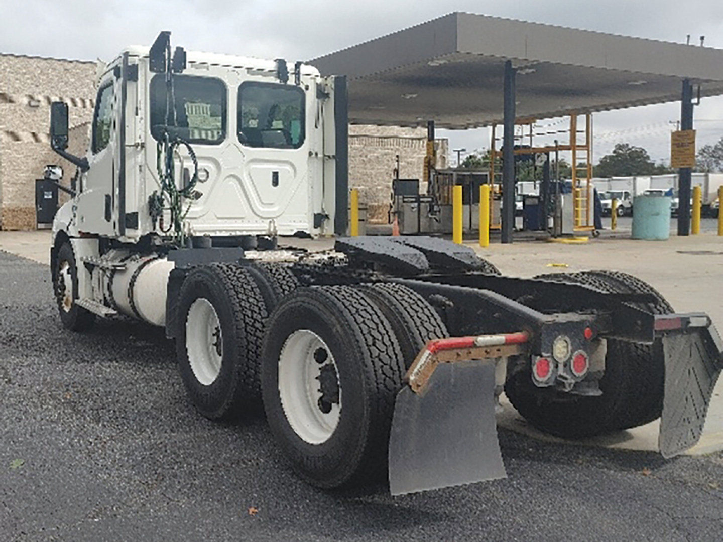 Truck rear view of a Freightliner Cascadia126 tractor with dual rear axles and mud flaps, 6 wheels visible, fuel tanks and cab in view.