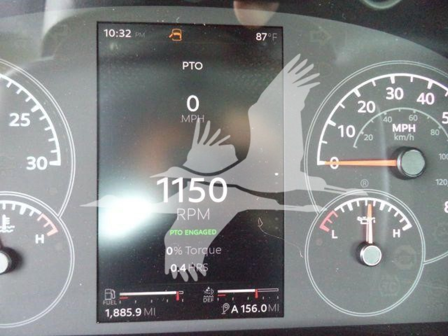 Dashboard of a 2025 Kenworth T280 showing digital PTO indicator, 0 MPH, 1150 RPM, gear engaged, 0% torque, fuel and mileage readouts.