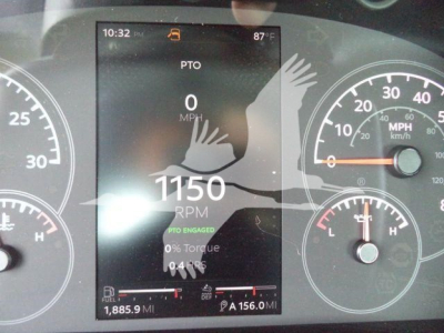 Dashboard of a 2025 Kenworth T280 showing digital PTO indicator, 0 MPH, 1150 RPM, gear engaged, 0% torque, fuel and mileage readouts.