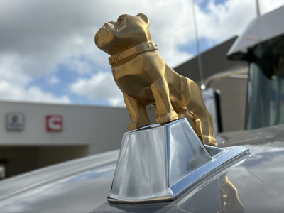 Mack bulldog hood ornament on a truck with blurred background.