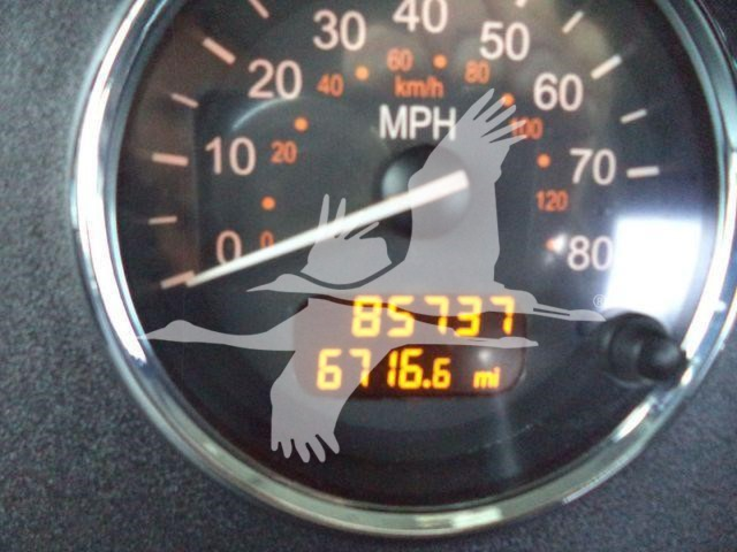Dashboard gauge showing speedometer with odometer reading 85737 miles and 67 16.6 mi trip, inside Peterbilt truck cockpit.