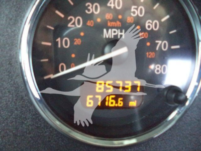 Dashboard gauge showing speedometer with odometer reading 85737 miles and 67 16.6 mi trip, inside Peterbilt truck cockpit.
