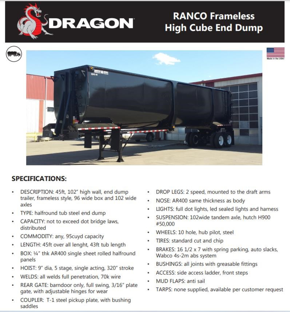 Dump trailer showing Ranco Ed95-45 high cube end dump with black body, rear tandem axles, and front landing gear; Dragon logo and specs sheet visible.
