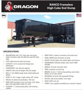 Dump trailer showing Ranco Ed95-45 listing with side view, Dragon graphics, black high cube end dump, and dual-axle rear.