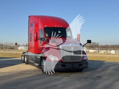 Truck front view of a red Kenworth T680 conventional sleeper, daytime, with watermark overlay. Visible text on truck not legible due to watermark.